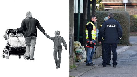 Plakat der Kieler Polizei; Beamte in der Reihenhaussiedlung in Schönberg, wo eine Mutter erschossen wurde