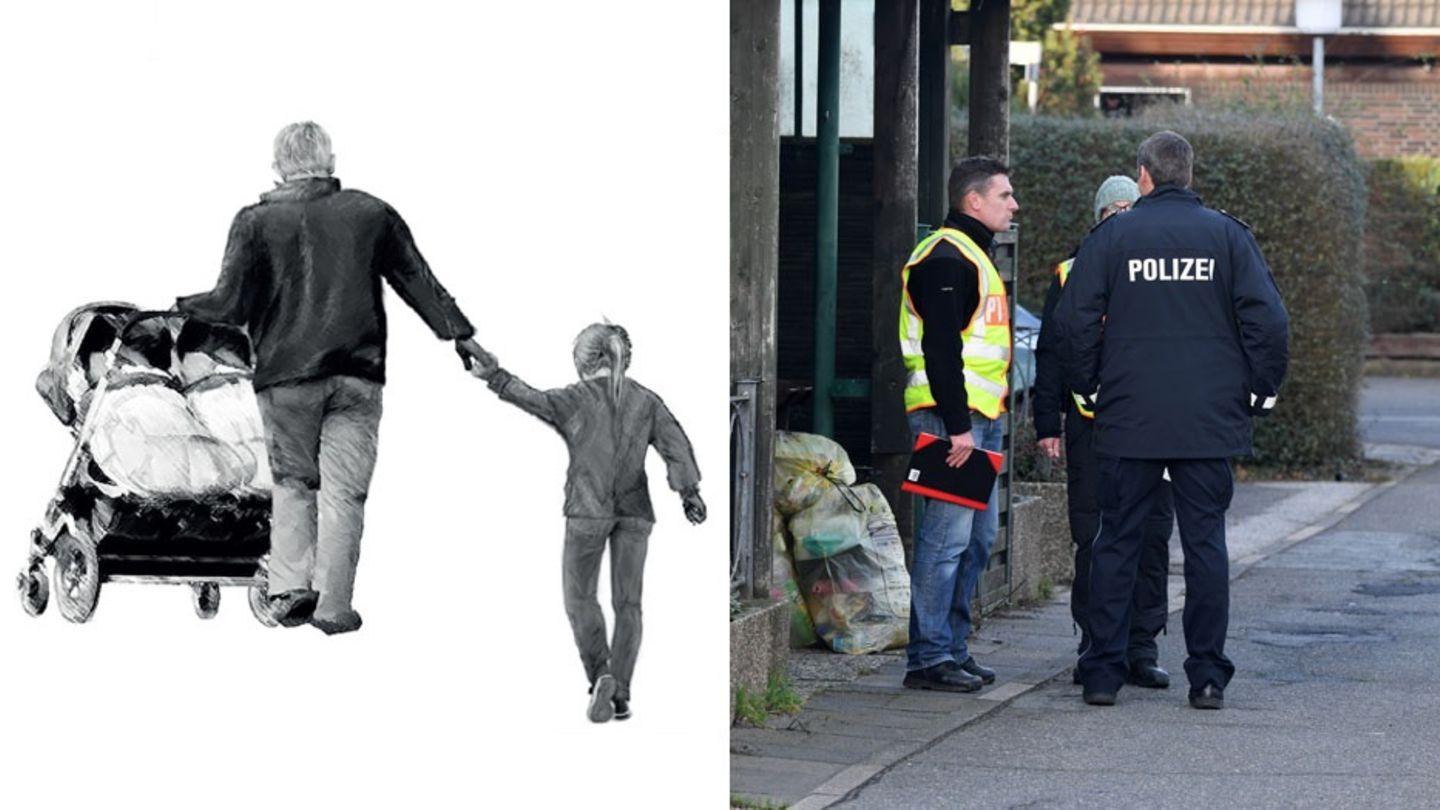 Plakat der Kieler Polizei; Beamte in der Reihenhaussiedlung in Schönberg, wo eine Mutter erschossen wurde