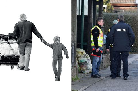Plakat der Kieler Polizei; Beamte in der Reihenhaussiedlung in Schönberg, wo eine Mutter erschossen wurde