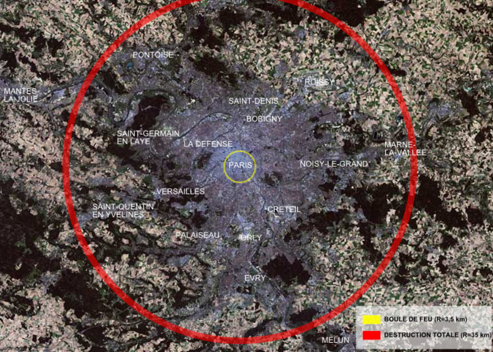 Hier wird die Wirkung der Bombe auf Paris dargestellt. Der rote Kreis markiert den Bereich einer totalen Zerstörung.