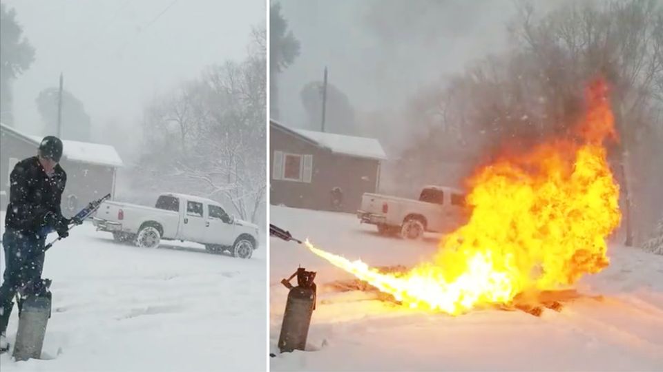 USA: Dieser Mann kämpft mit Flammenwerfer gegen Schneemassen