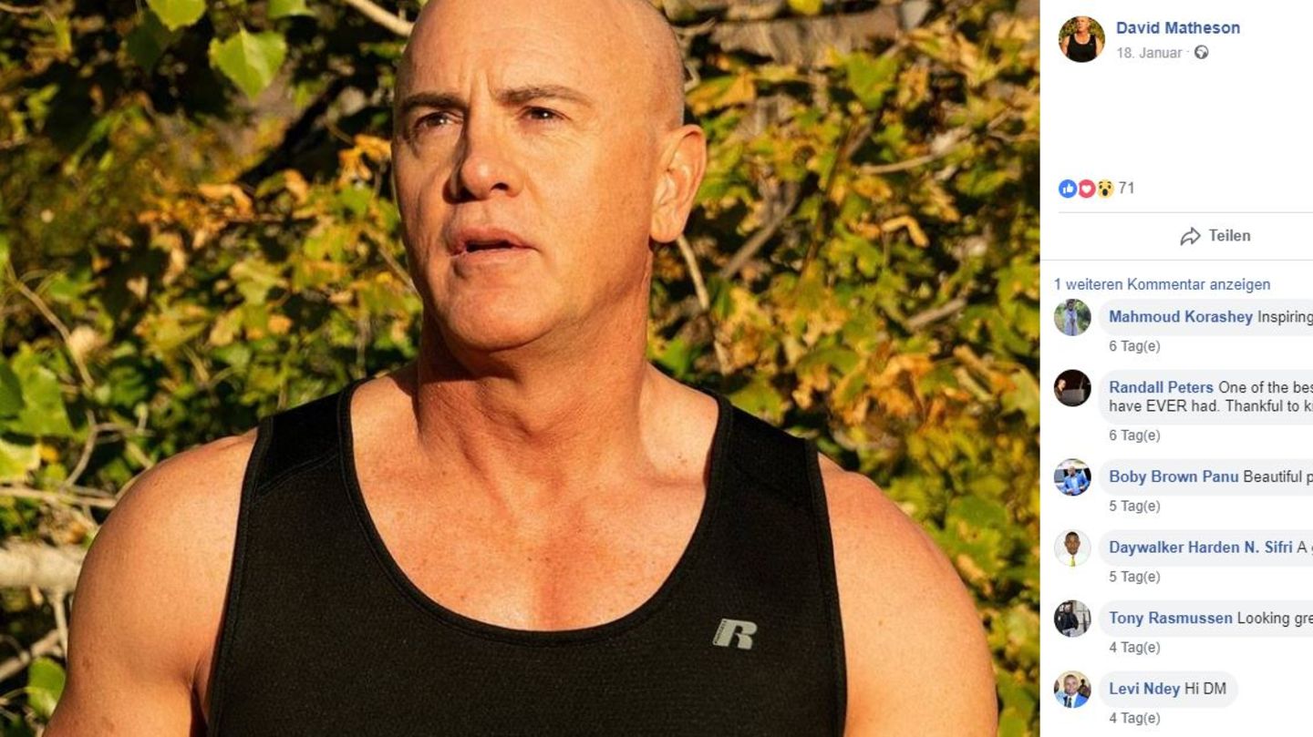 Das Profilbild von David Matheson auf Facebook zeigt einen glatzköpfigen, muskulösen Mann in schwarzem Tanktop