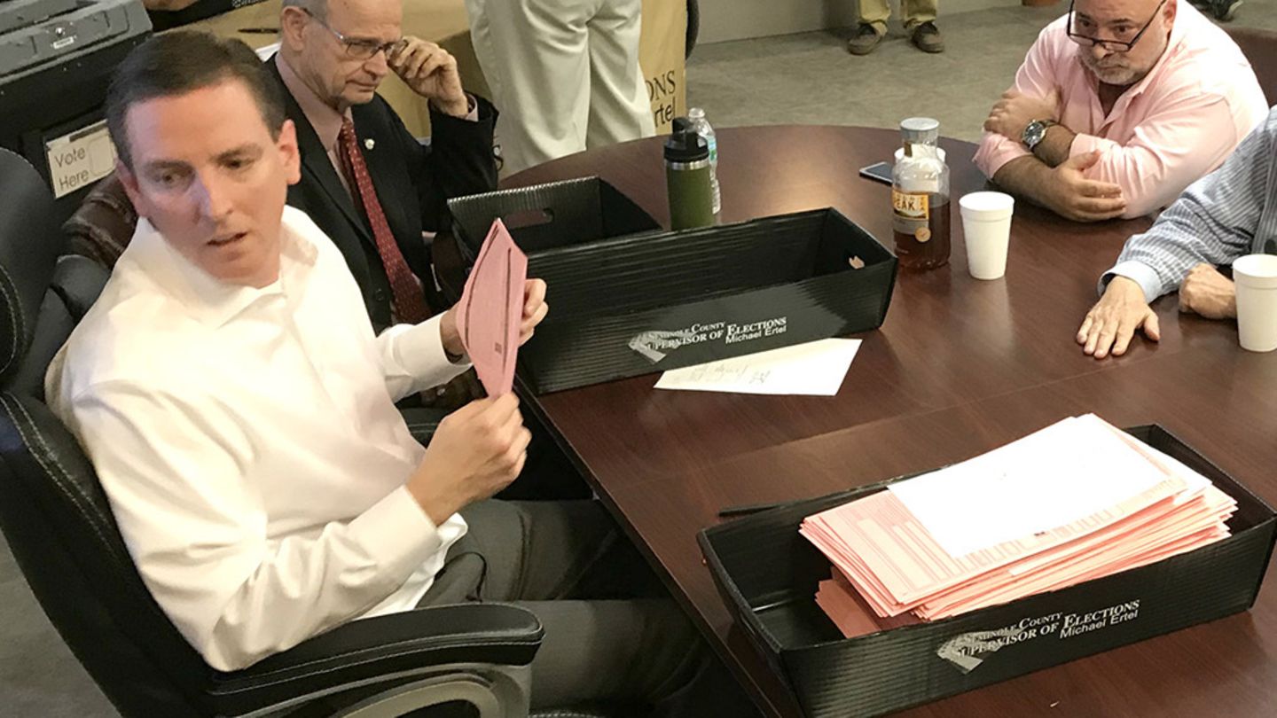 Nach nicht einmal einem Monat im Amt tritt Mike Ertel (weißes Hemd) als "Secretary of State" Floridas zurück 