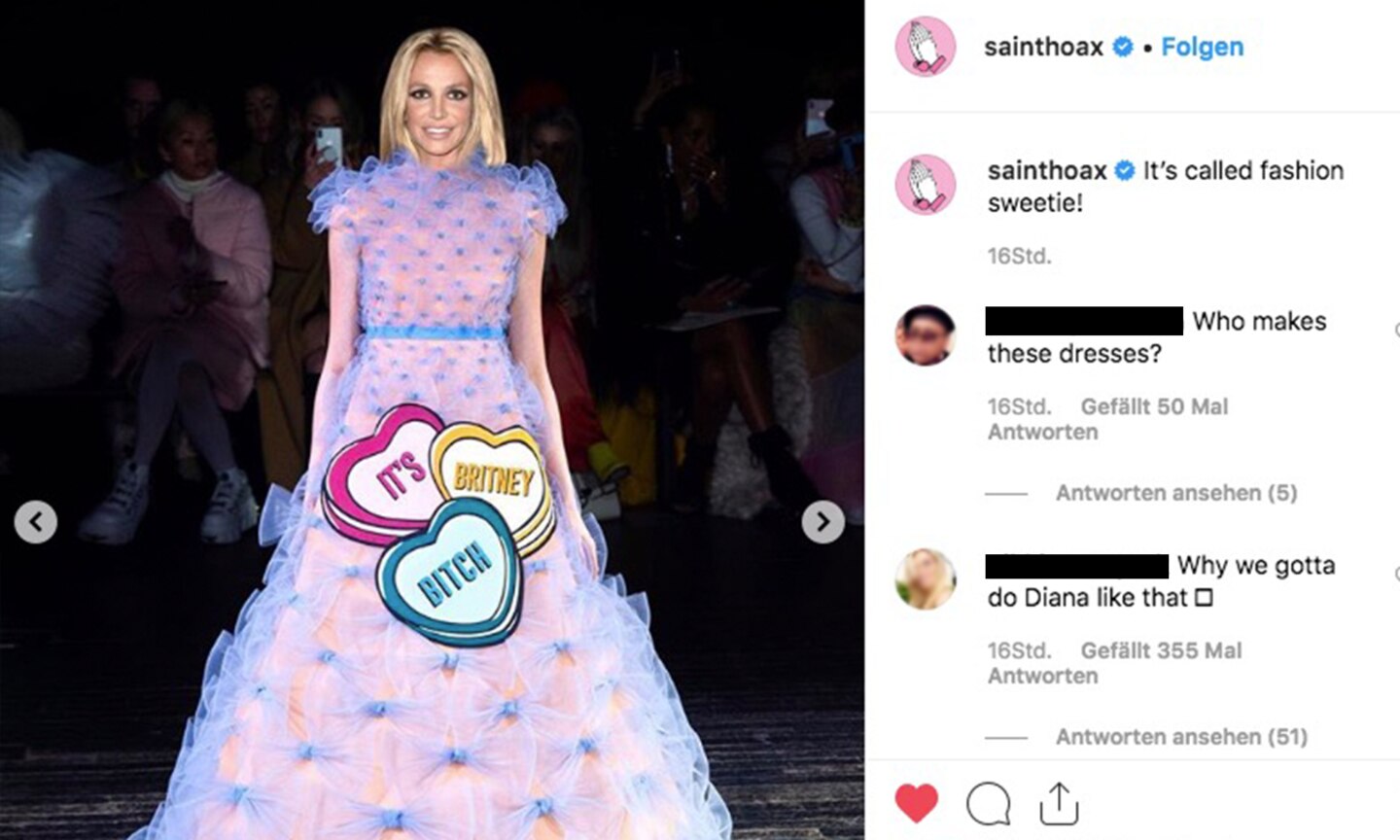 Paris Fashion Week: Noch besser wird es nur, wenn der anonyme Künstler Saint Hoax Britney Spears in den Traum in Rosa steckt und ihr ihren Signature-Move verpasst. Auf Instagram tobt sich Saint Hoax noch weiter aus.
