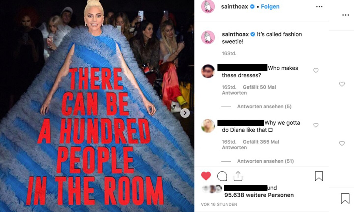 Paris Fashion Week: Auf Promo-Tour für den Film "A Star is Born" war Lady Gaga letztes Jahr wenig einfallsreich und sagte in so gut wie jedem Interview immer wieder den selben Satz über Co-Star Bradley Cooper: "Es können 100 Menschen in einem Raum sein und 99 glauben nicht an dich. Du brauchst nur einen, der an dich glaubt". Dass auch dieses Statement zum Meme wurde, brauche ich nicht erwähnen.