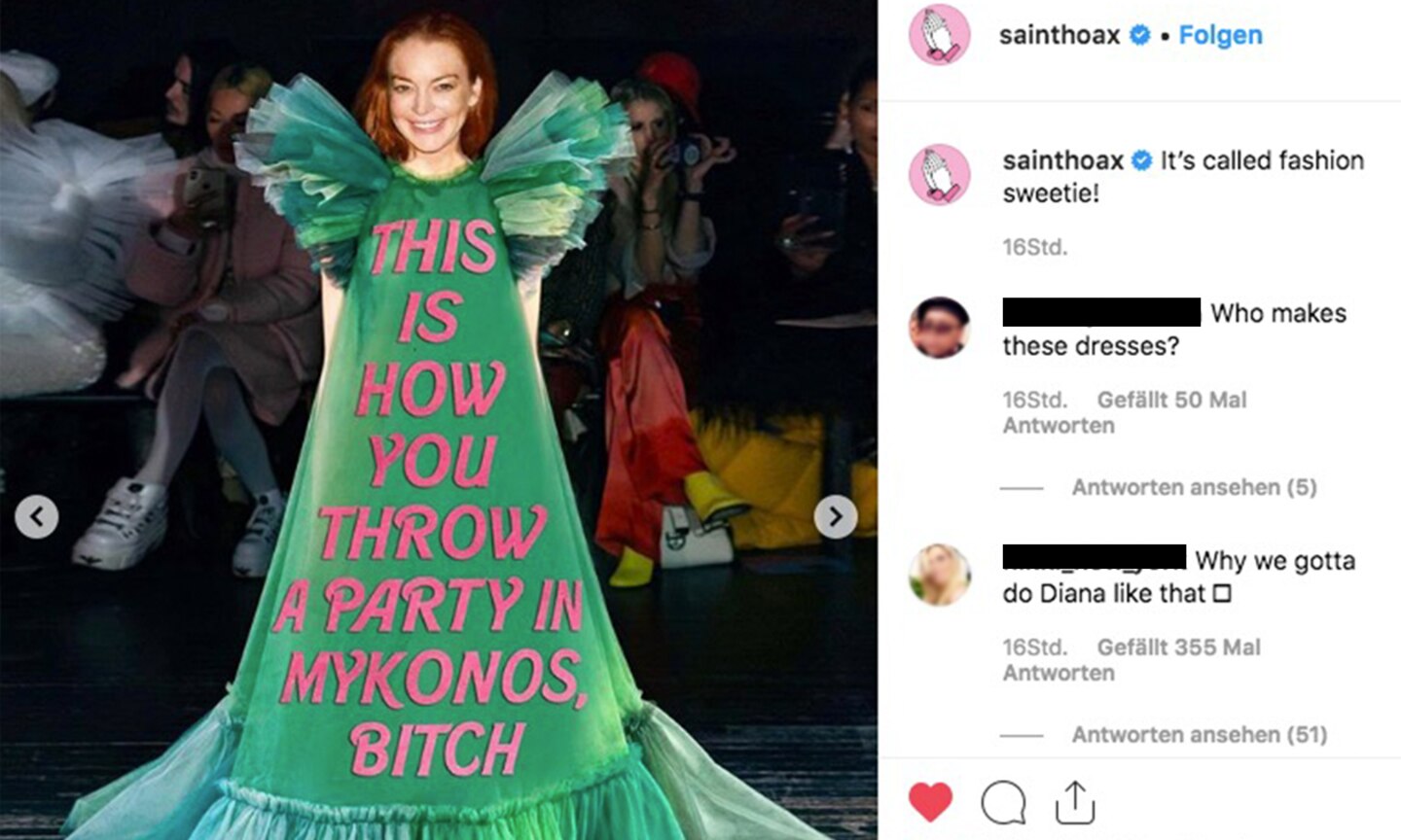 Paris Fashion Week: Dieses wunderschöne Werk von Saint Hoax bezieht sich auf die neue Reality-Show von Lindsay Lohan "Lindsay Lohan's Beach Club" in der die Anti-Heldin ihren eigenen Club auf Mykonos eröffnet. (Kannst du dir hier reinziehen)