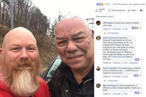 Auf Facebook teilte Ex-US-Verteidigungsminister Colin Powell (r.) die Geschichte über den Veteran, der ihm bei einer Reifenpanne half