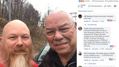 Auf Facebook teilte Ex-US-Verteidigungsminister Colin Powell (r.) die Geschichte über den Veteran, der ihm bei einer Reifenpanne half