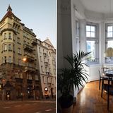 Das herrschaftliche Gebäude aus dem 19. Jahrhundert liegt in einem der Straßenzüge Warschaus, die von den Zerstörungen des Zweiten Weltkriegs weitgehend verschont wurden. Rechts  das helle Eckzimmer 1777 mit Erker.