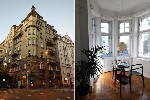 Das herrschaftliche Gebäude aus dem 19. Jahrhundert liegt in einem der Straßenzüge Warschaus, die von den Zerstörungen des Zweiten Weltkriegs weitgehend verschont wurden. Rechts  das helle Eckzimmer 1777 mit Erker.