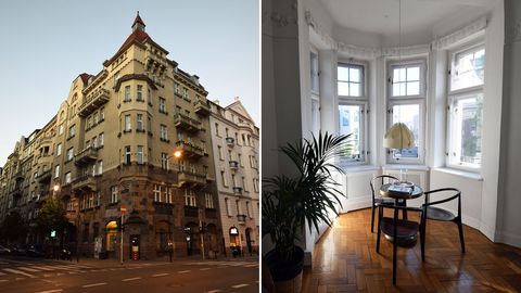 Das herrschaftliche Gebäude aus dem 19. Jahrhundert liegt in einem der Straßenzüge Warschaus, die von den Zerstörungen des Zweiten Weltkriegs weitgehend verschont wurden. Rechts  das helle Eckzimmer 1777 mit Erker.