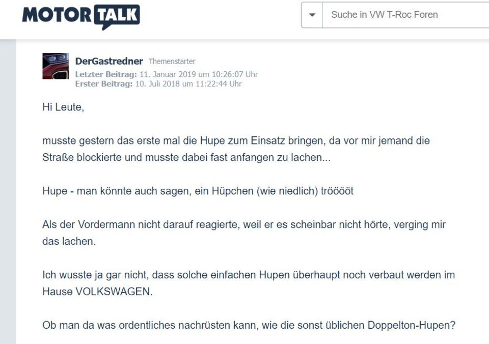 VW T-Roc: VW streicht satten Hupenklang – der Kampf um den guten Sound VW T-Roc: VW streicht satten Hupenklang – der Kampf um den guten Sound