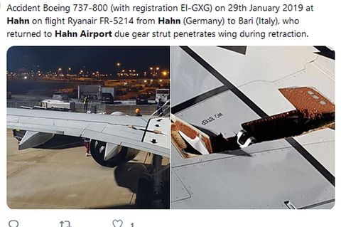 Das Loch in der linken Tragfläche der Boeing 737-800 von Ryanair