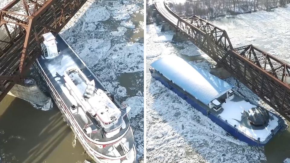Geisterschiffe treiben führerlos über den vereisten Hudson River