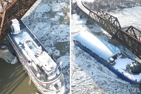 Geisterschiffe treiben führerlos über den vereisten Hudson River