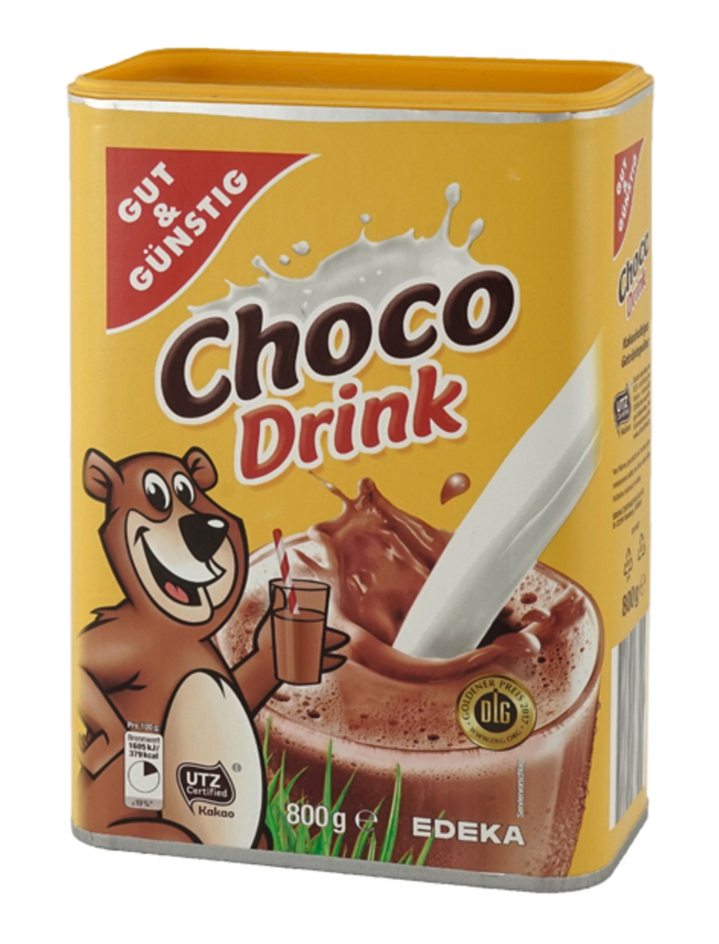 Gut: Gut & Günstig Choco Drink  Auch der Kakao der Eigenmarke von Edeka schneidet mit "Gut" ab, obwohl auch hier der Zuckergehalt erhöht ist. Preis: 1,43 Euro.