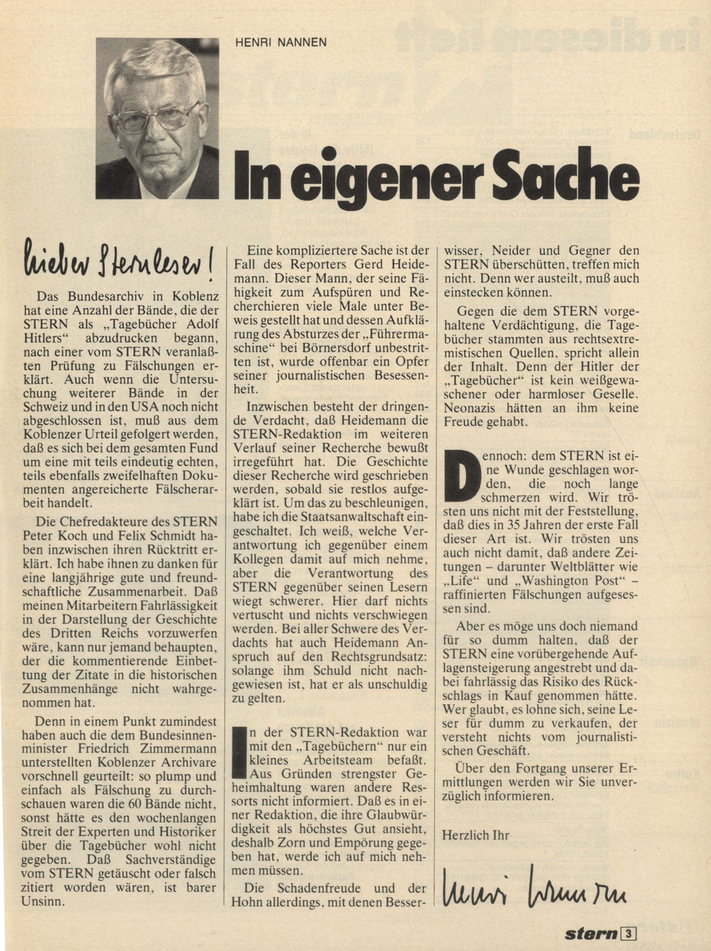 Der Artikel, in dem stern-Herausgeber Henri Nannen schreibt, dass die Hitler-Tagebücher eine Fälschung sind.