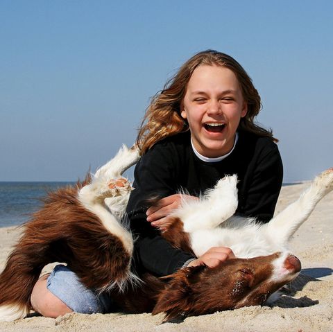 Ein Mädchen lacht und spielt mit einem Hund am Strand