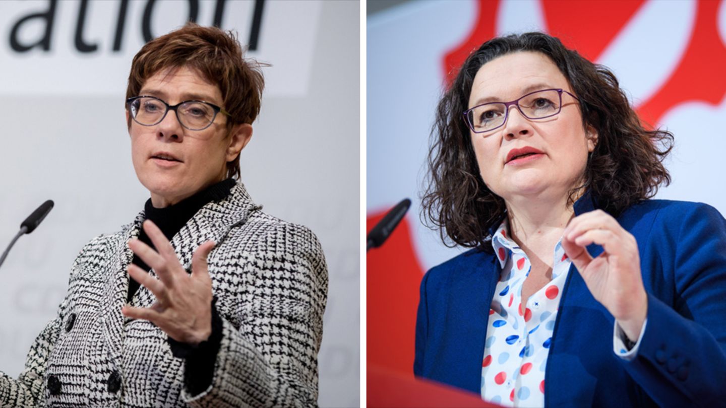 Eine Kombo zeigt links Annegret Kramp-Karrenbauer und rechts Andrea Nahles, jeweils am Rednerpult