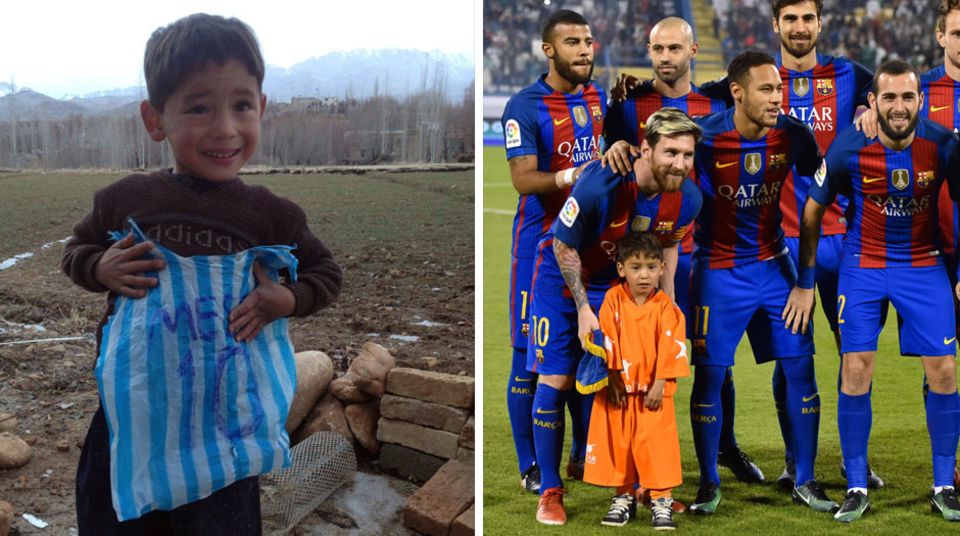 "Ich möchte, dass Messi hilft" – kleiner Fan des Fußballstars ist Zielscheibe der Taliban Murtasa Ahmadi mit Plastiktüten-Trikot und mit Lionel Messi