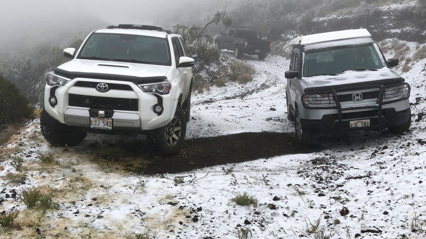 Eingeschneite Autos stehen auf Hawaii