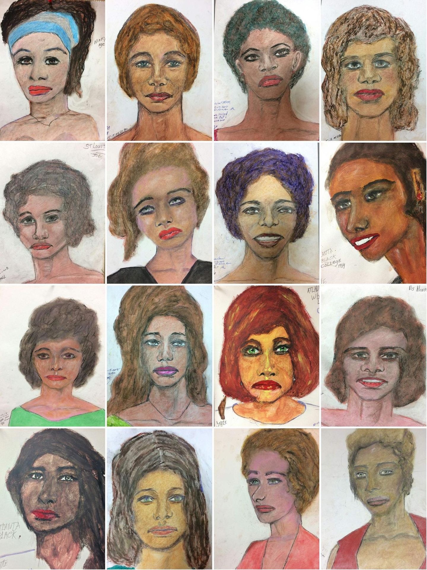 Diese 16 Portraitzeichnungen mutmaßlicher Opfer hat der Serienmörder Samuel L. aus dem Gedächtnis angefertigt