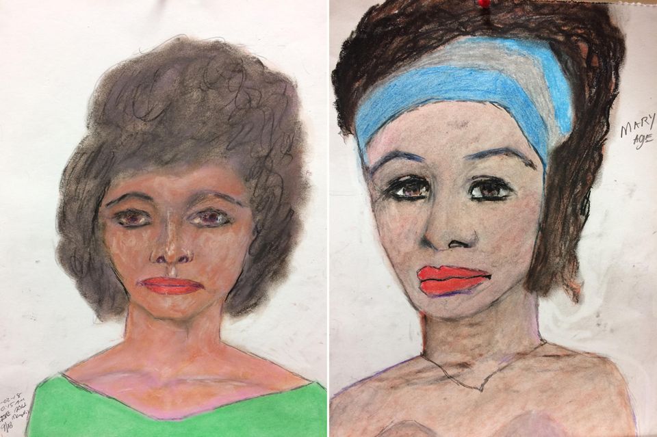 Links Littles Skizze einer Frau die 1984 getötet wurde, rechts die eines Mannes mit Namen Mary Ann oder Marianne