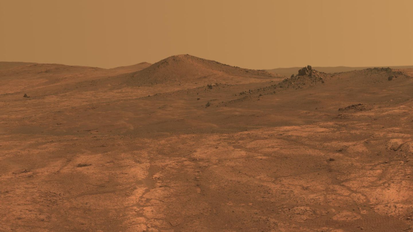 Panoramablick über den Marskrater "Spirit of St. Louis" aus dem Jahr 2015. Fast 4000 Tage wuselte "Opportunity" herum. Sein Zwillingsrover "Spirit" gab im Mai 2011 den Geist auf.