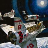 Zukunftsvision von Robert McCall aus den 1970er-Jahren: Die Zeichnung zeigt eine modulare Raumstation und mehrere Space Shuttles, die sich gleichzeitig in der Erdumlaufbahn befinden