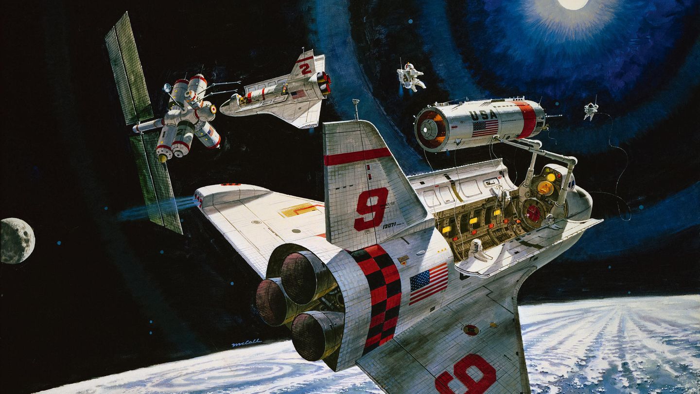 Zukunftsvision von Robert McCall aus den 1970er-Jahren: Die Zeichnung zeigt eine modulare Raumstation und mehrere Space Shuttles, die sich gleichzeitig in der Erdumlaufbahn befinden