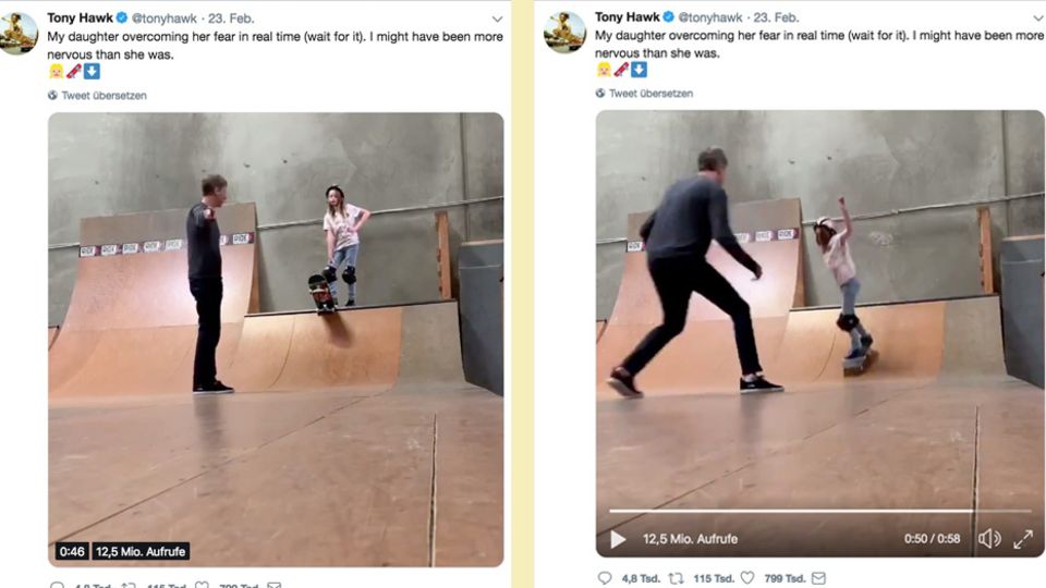 Erster Mal auf der Half Pipe: Tony Hawk bringt seiner Tochter das Skaten bei Erster Mal auf der Half Pipe: Tony Hawk bringt seiner Tochter das Skaten bei