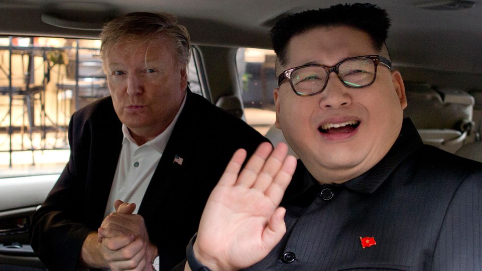 Die beiden Doppelgänger des nordkoreanischen Machthabers Kim Jong Un (r.) und von USDonald Trump im vietnamesischen Hanoi