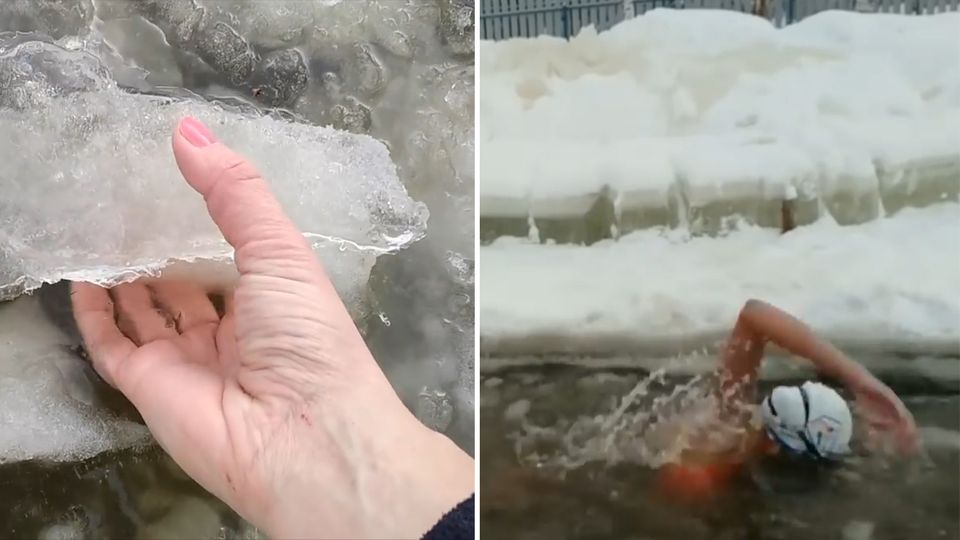 Winterlicher Extremsport: Nichts für Warmduscher: Knallhart trainiert eine russische Schwimmerin im eiskalten Wasser Winterlicher Extremsport: Nichts für Warmduscher: Knallhart trainiert eine russische Schwimmerin im eiskalten Wasser
