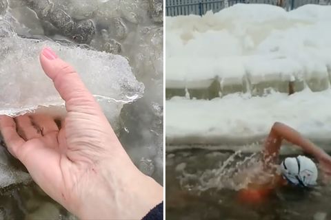 Winterlicher Extremsport: Nichts für Warmduscher: Knallhart trainiert eine russische Schwimmerin im eiskalten Wasser
