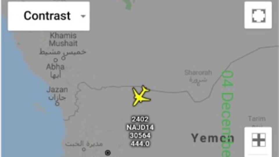 Ein Screenshot der Internetseite flightradar.com zeigt die Flugbewegung eines Airbus A330 MRTT - über dem Jemen