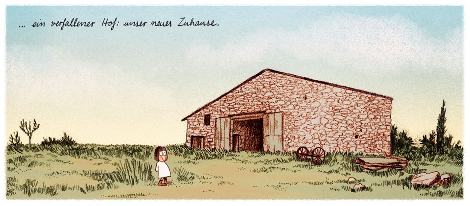"Weites Land" Illustration eines kleinen Mädchens vor einem verfallenen Hof