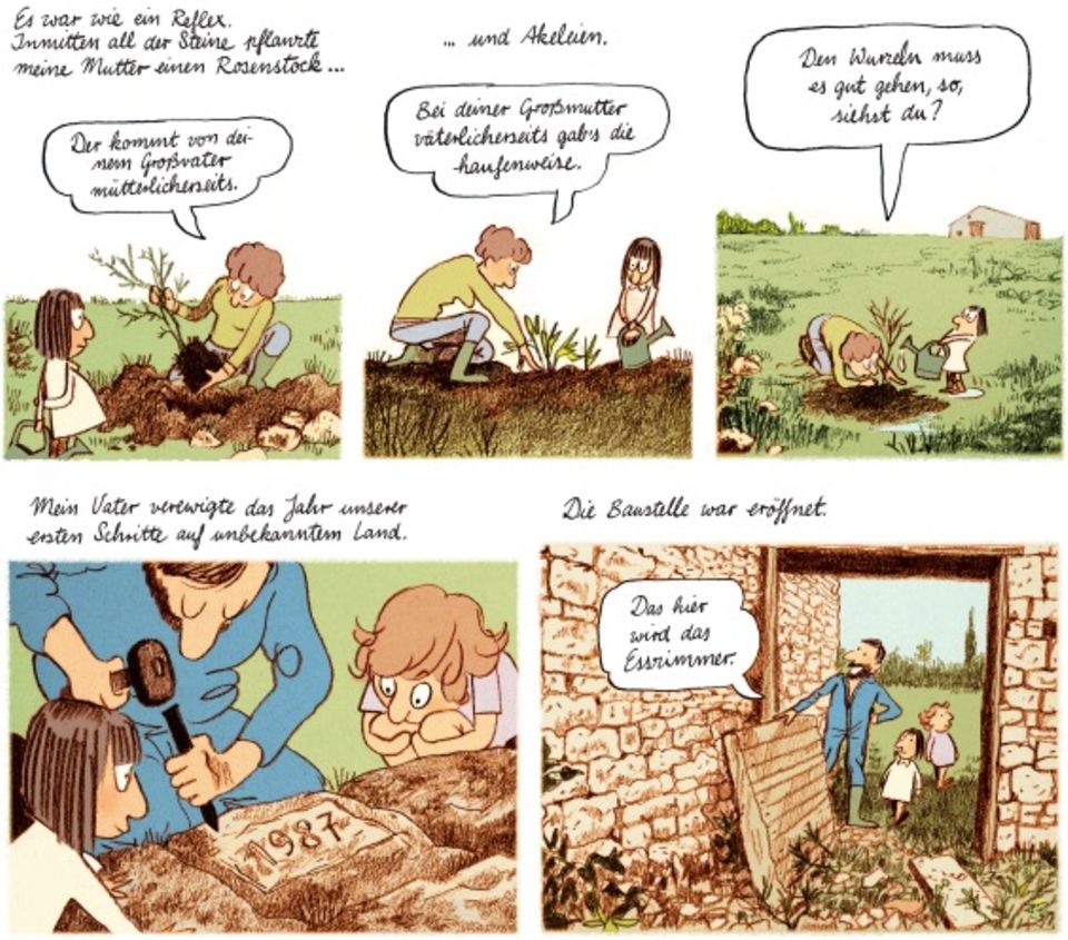 "Weites Land" Die Mutter pflanzt einen Rosenstock, Vater und Kinder inspizieren die Ruine