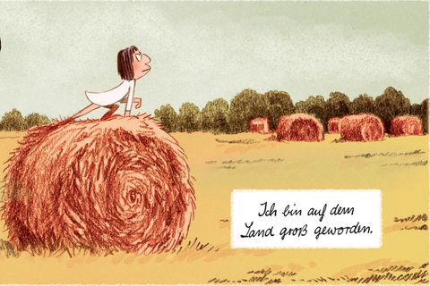 "Weiters Land" Klein Catherine kniet stolz af einem Heuballen