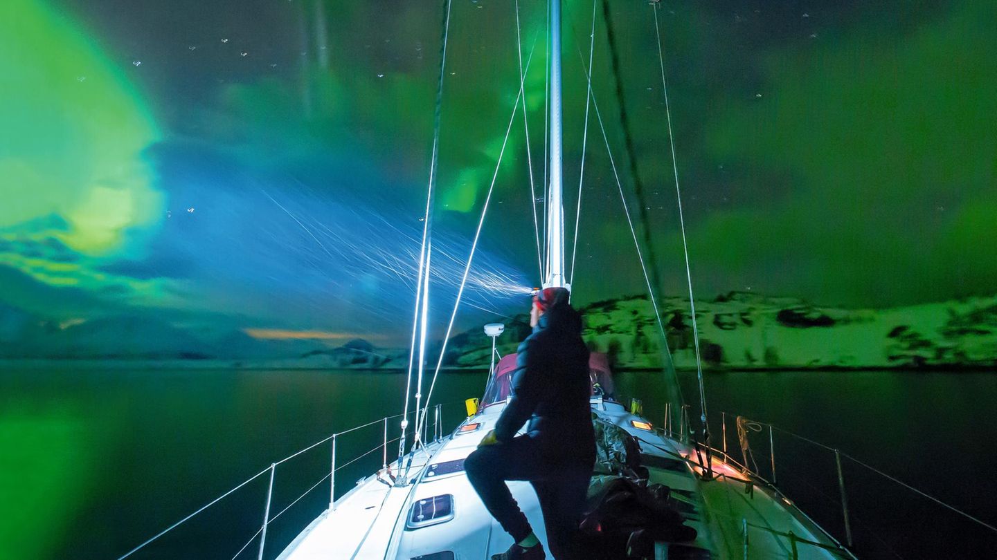 Die Insel Follesøja gehört zu den vielen versteckten Orten vor der Küste Nordnorwegens, die Delphine mit dem Boot erkundet. Im Winter taucht das Polarlicht die Welt in grünen Schein.