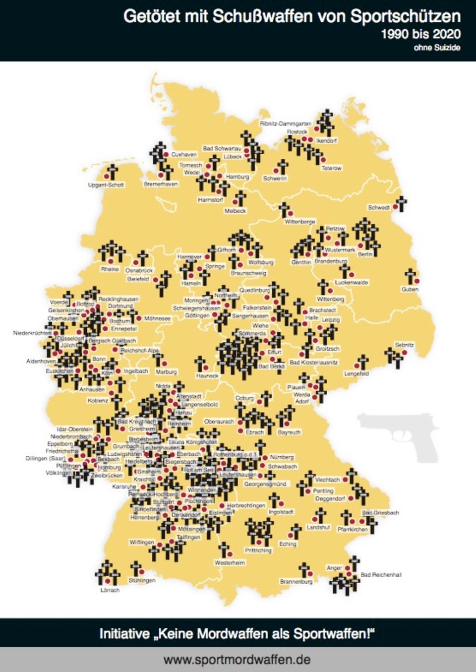 "Getötet mit Schusswaffen von Sportschützen" – Opfer-Landkarte der Sportmordwaffen-Initiative (1990 bis 2018, ohne Suizide)