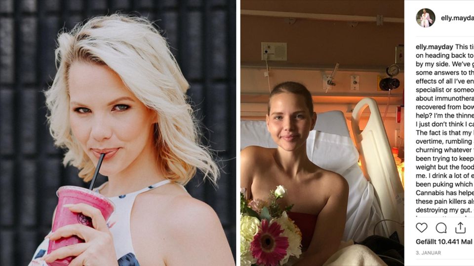 Elly Mayday Plus-Size-Model tot Eine Kombo zeigt ein blondes Model links mit einem Trinkbecher in der Hand und rechts mit kurzen Haaren im Krankenbett