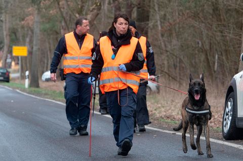Einsatzkräfte der Polizei sind mit einem Spürhund bei Storkow im Landkreids Oder Spree unterwegs zu einem. Dort suchten Polizeibeamte auch am Samstag erneut  nach der vermissten Rebecca, auch ein Hubschrauber kam dabei zum Einsatz.