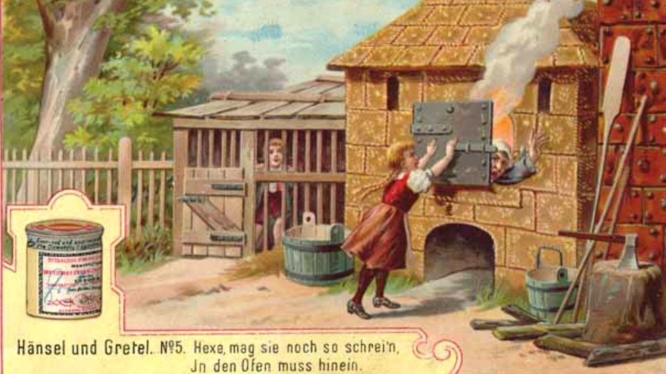 Liebig’s Fleischextrakt wurde auch durch seine Sammelbilder berühmt. Einige davon zeigen Szenen aus "Hänsel und Gretel", einem Märchen der Gebrüder Grimm.