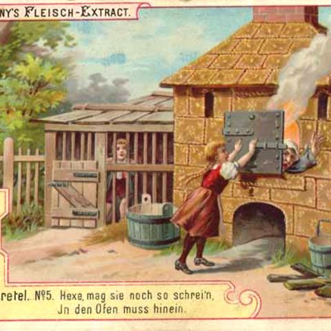 Liebig’s Fleischextrakt wurde auch durch seine Sammelbilder berühmt. Einige davon zeigen Szenen aus "Hänsel und Gretel", einem Märchen der Gebrüder Grimm.