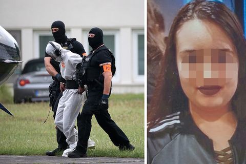 In Wiesbaden wird Ali B. von Polizisten aus dem Justizzentrum zu einem Polizeihubschrauber gebracht