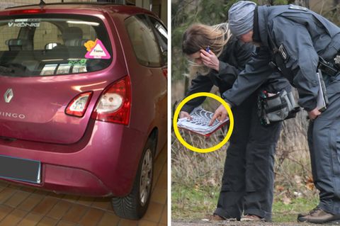 Das Auto des tatverdächtigen Schwagers im Fall Rebecca, Polizisten im Wald