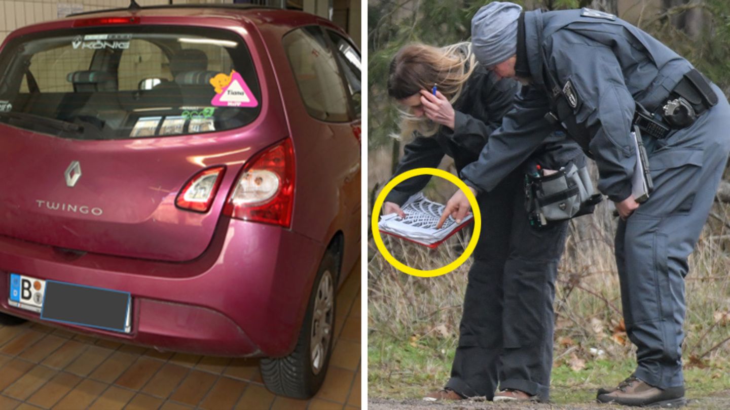 Das Auto des tatverdächtigen Schwagers im Fall Rebecca, Polizisten im Wald