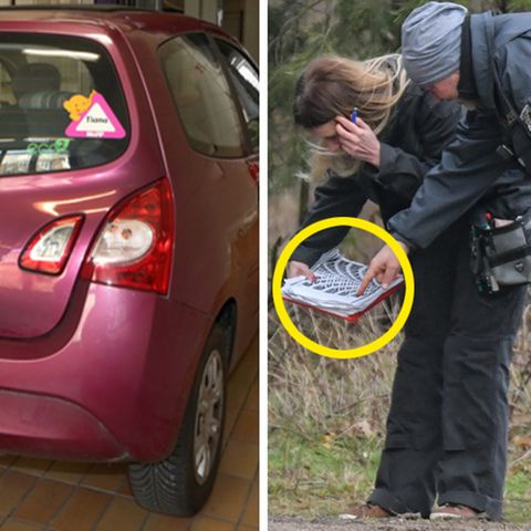 Das Auto des tatverdächtigen Schwagers im Fall Rebecca, Polizisten im Wald