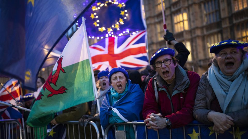 Brexit Gegner protestieren vor den Houses of Parliament in London