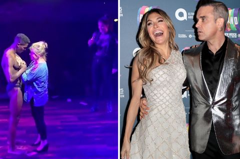 Jeanette Williams, die Mutter von Sänger Robbie Williams, mit einem Stripper auf der Bühne